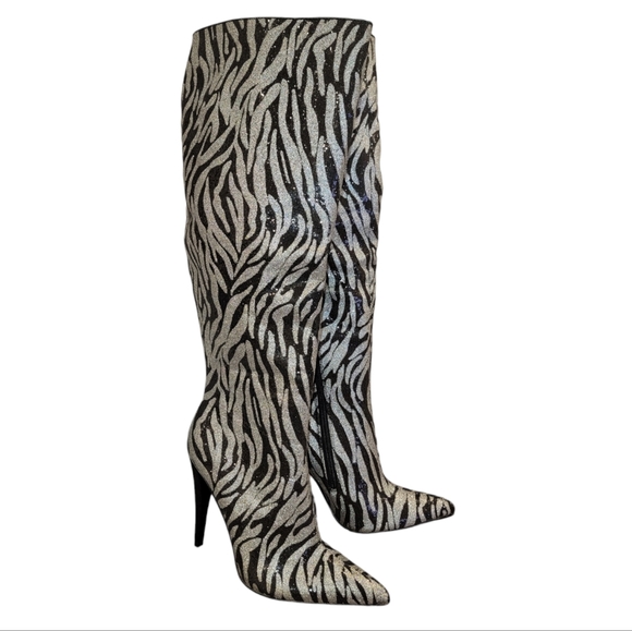 Shoe Dazzle Knee High Silver & Black Zebra Print High Heel Boots - Picture 2 of 9